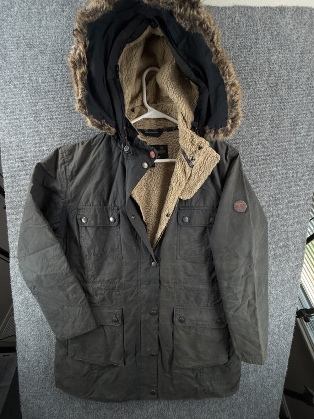 Barbour Carribena Wax Jacket Women Size 10 USA Blue Fleece Lined Hooded Zip